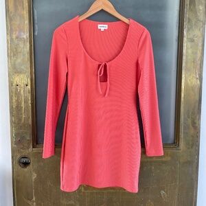 Superdown Coral Ribbed Mini Dress Long Sleeve Tie Front Bodycon M